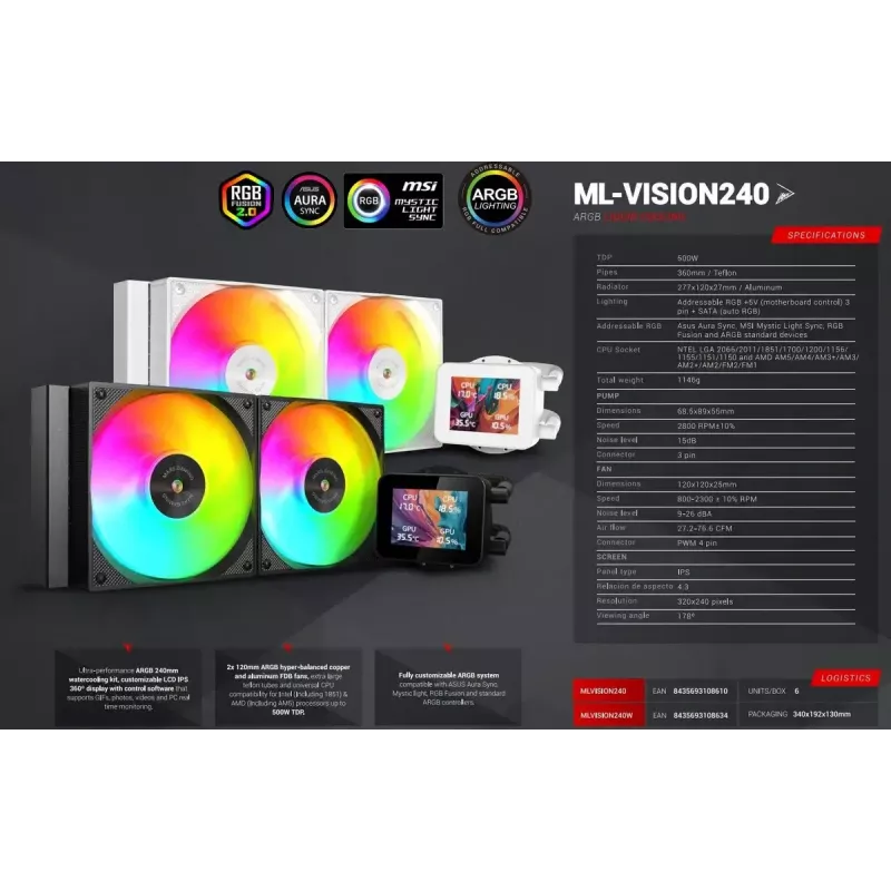 Sistema de refrigeração para computador Mars Gaming MLVISION240 refrigeração líquida all-in-one para processador 12 cm preta