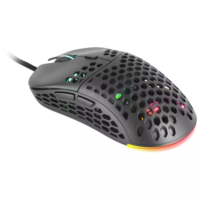 Rato gaming Mars Gaming MM55 preto RGB Chroma ultraleve 55g 12800 DPI com interruptores mecânicos HUANO