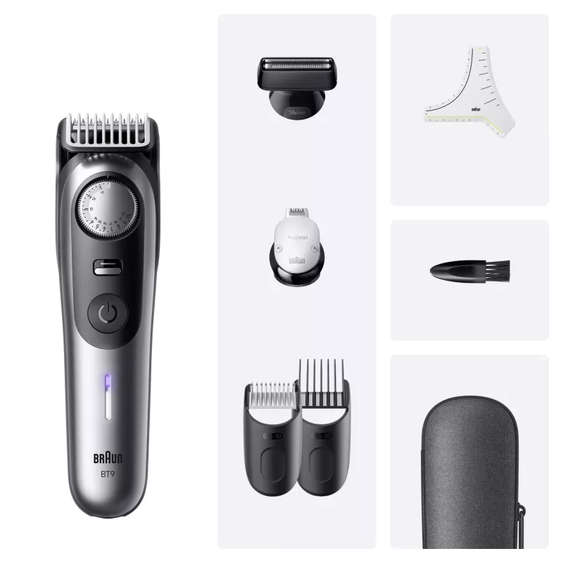 Aparador de barba BRAUN BeardTrimmer 9 80789785, 20 níveis de comprimento, 0,5–20 mm, rede/bateria, húmido e seco, cinzento