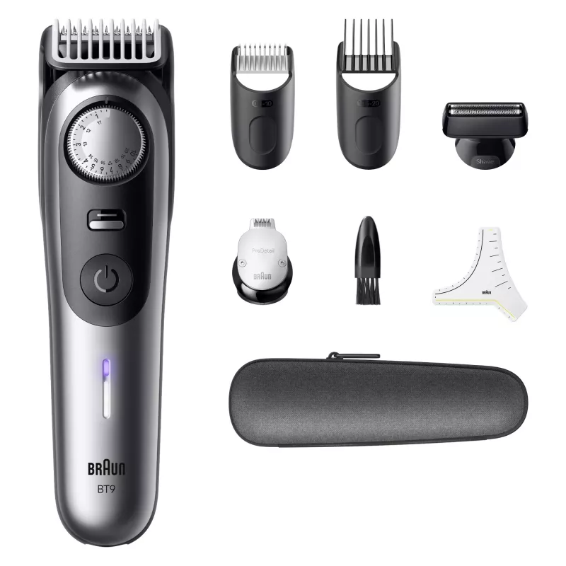 Aparador de barba BRAUN BeardTrimmer 9 80789785, 20 níveis de comprimento, 0,5–20 mm, rede/bateria, húmido e seco, cinzento