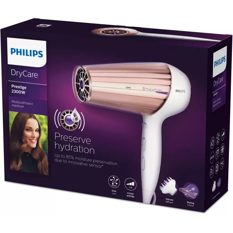 Secador de cabelo Philips MoistureProtect Sensor HP8280/00 — 2300 W, motor DC, 6 velocidades, iónico, jato de ar frio, roxo/branco