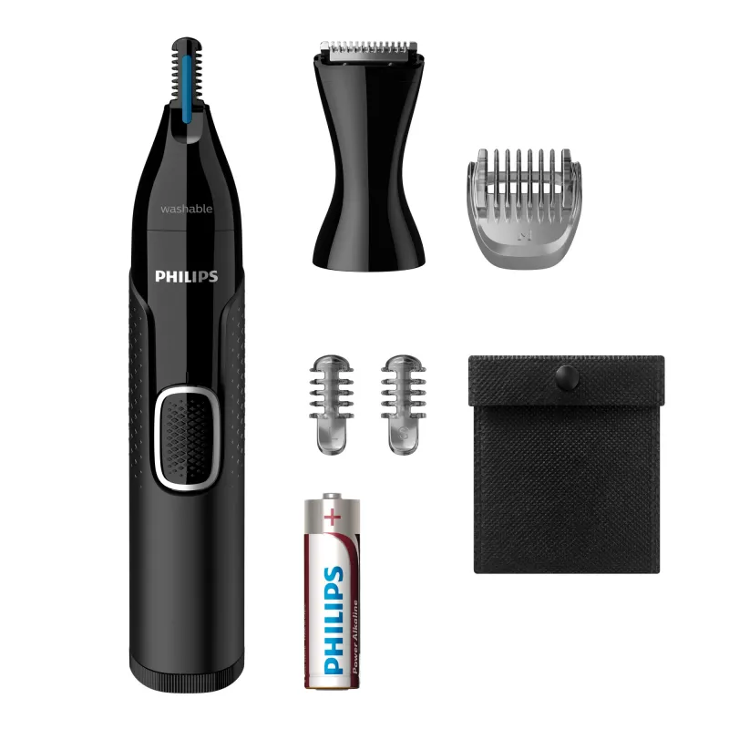 Aparador de Pelos do Nariz Philips 5000 NT5650/16 – a pilhas, AA, à prova de água, lâminas de aço inoxidável, 3 pentes de corte, estojo de viagem