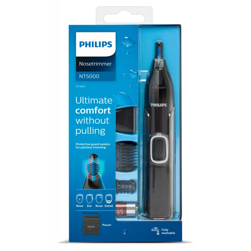Aparador de Pelos do Nariz Philips 5000 NT5650/16 – a pilhas, AA, à prova de água, lâminas de aço inoxidável, 3 pentes de corte, estojo de viagem
