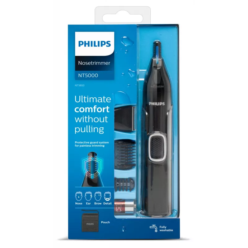 Aparador de Pelos do Nariz Philips 5000 NT5650/16 – a pilhas, AA, à prova de água, lâminas de aço inoxidável, 3 pentes de corte, estojo de viagem