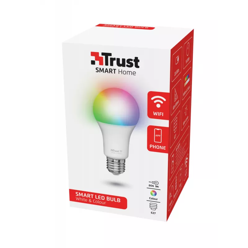 Lâmpada inteligente TRUST 71281 — Wi‑Fi, casquilho E27, branco, 60×60×108 mm