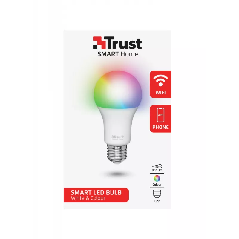 Lâmpada inteligente TRUST 71281 — Wi‑Fi, casquilho E27, branco, 60×60×108 mm