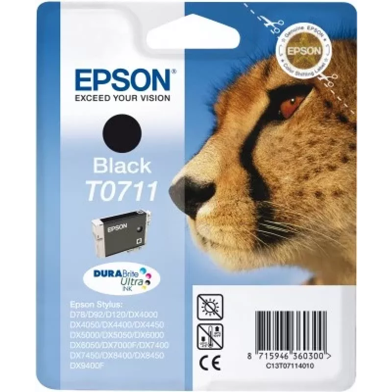 Epson Cheetah embalagem individual preto T0711 tinta DURABrite Ultra, preto, tinta pigmentada, 1 unid.