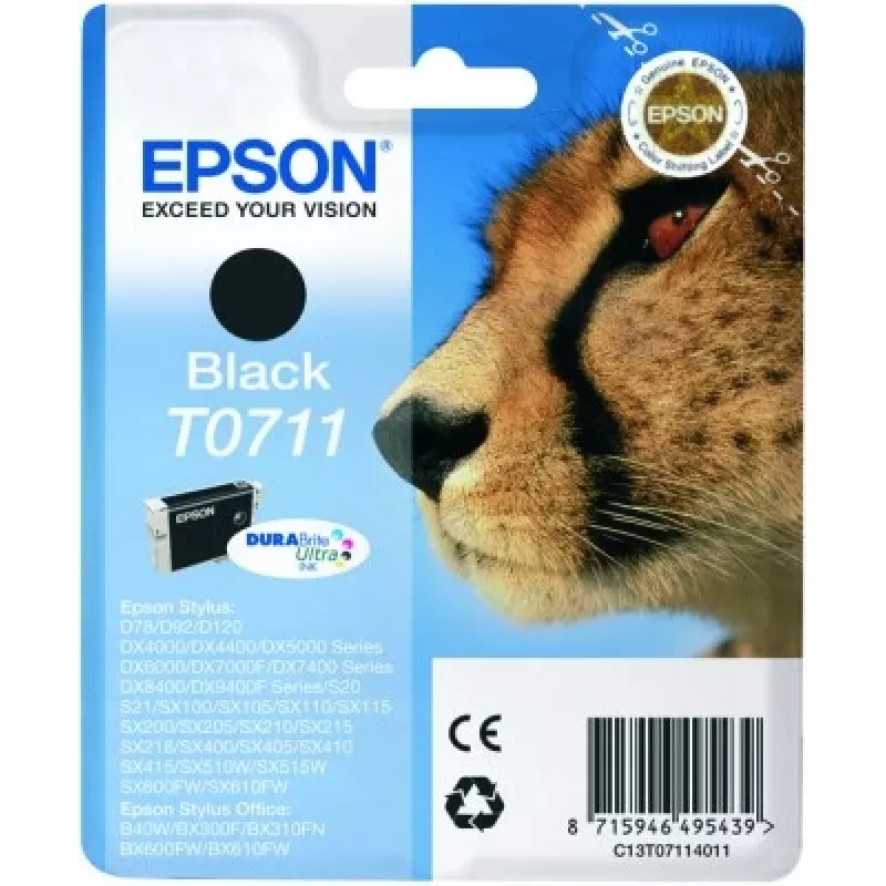 Tinteiro Epson Cheetah embalagem individual preto T0711 tinta DURABrite Ultra, preto, tinta pigmentada, 1 unid.
