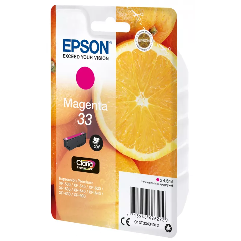 Epson Oranges embalagem individual magenta 33 Claria Premium Ink, magenta, tinta pigmentada, 4.5 ml, 1 unid., 300 páginas