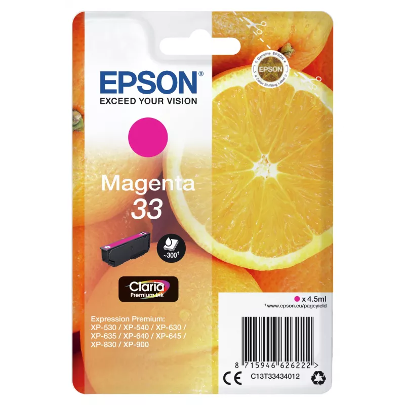 Epson Oranges embalagem individual magenta 33 Claria Premium Ink, magenta, tinta pigmentada, 4.5 ml, 1 unid., 300 páginas