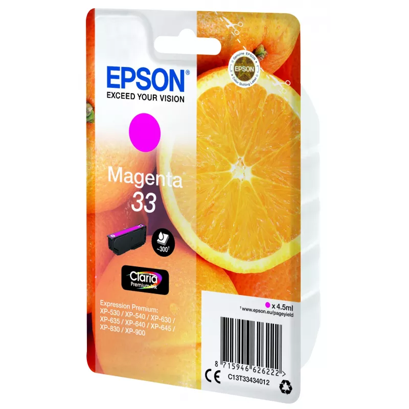 Epson Oranges embalagem individual magenta 33 Claria Premium Ink, magenta, tinta pigmentada, 4.5 ml, 1 unid., 300 páginas