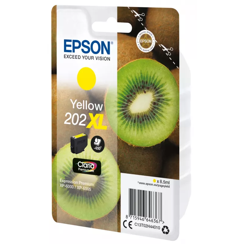 Epson Kiwi embalagem individual amarelo 202XL Claria Premium tinta, rendimento alto (XL), amarelo, tinta pigmentada, 8,5 ml, 1 unid., 650 páginas