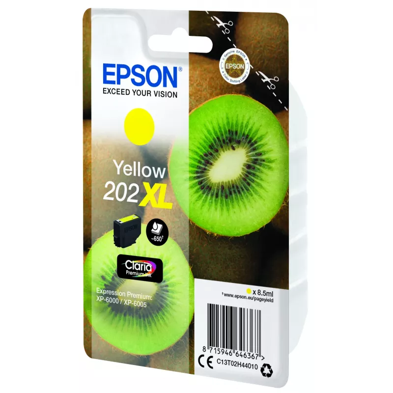 Epson Kiwi embalagem individual amarelo 202XL Claria Premium tinta, rendimento alto (XL), amarelo, tinta pigmentada, 8,5 ml, 1 unid., 650 páginas