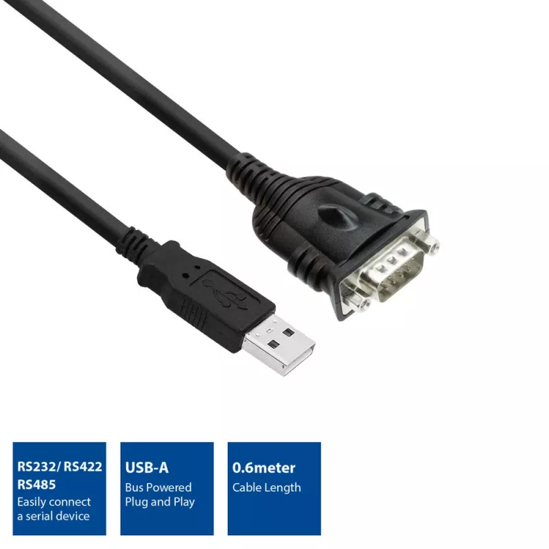 Adaptador ACT USB para série 0,6 m, preto, 0,6 m, USB Type-A, DB-9, macho, macho