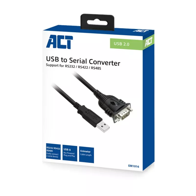Adaptador ACT USB para série 0,6 m, preto, 0,6 m, USB Type-A, DB-9, macho, macho