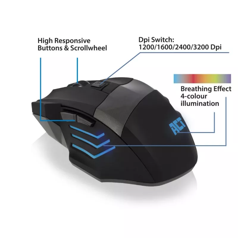 Rato gaming ACT rato gaming com fio e iluminação 3200 dpi