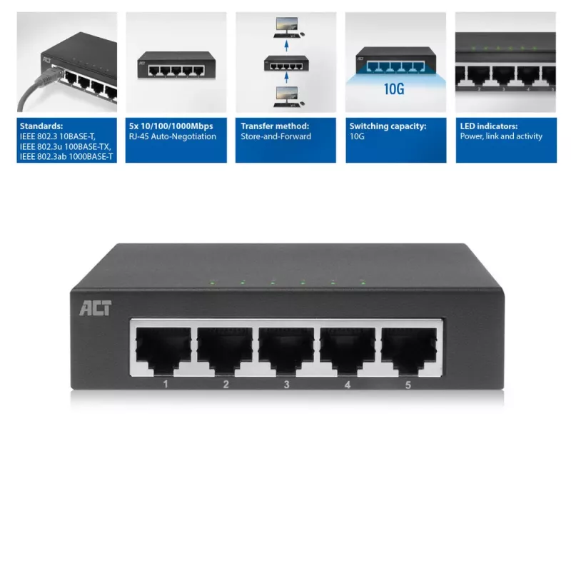 Comutador não gerido ACT AC4415 Gigabit Ethernet 5 portas 10 Gbit/s