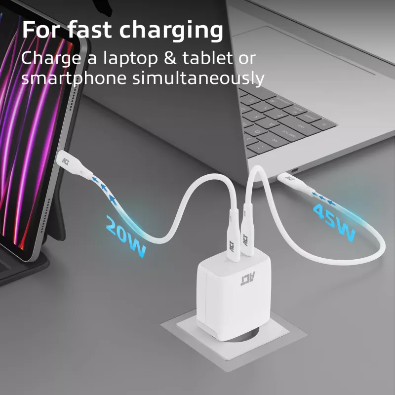 Carregador USB-C ACT 65W 2 portas com Power Delivery PPS e GaNFast
