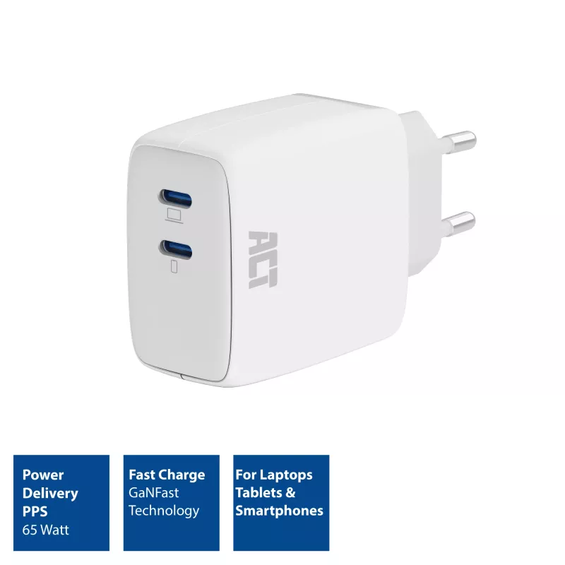 Carregador USB-C ACT 65W 2 portas com Power Delivery PPS e GaNFast
