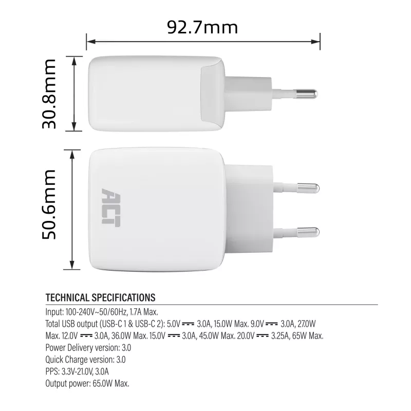 Carregador USB-C ACT 65W 2 portas com Power Delivery PPS e GaNFast