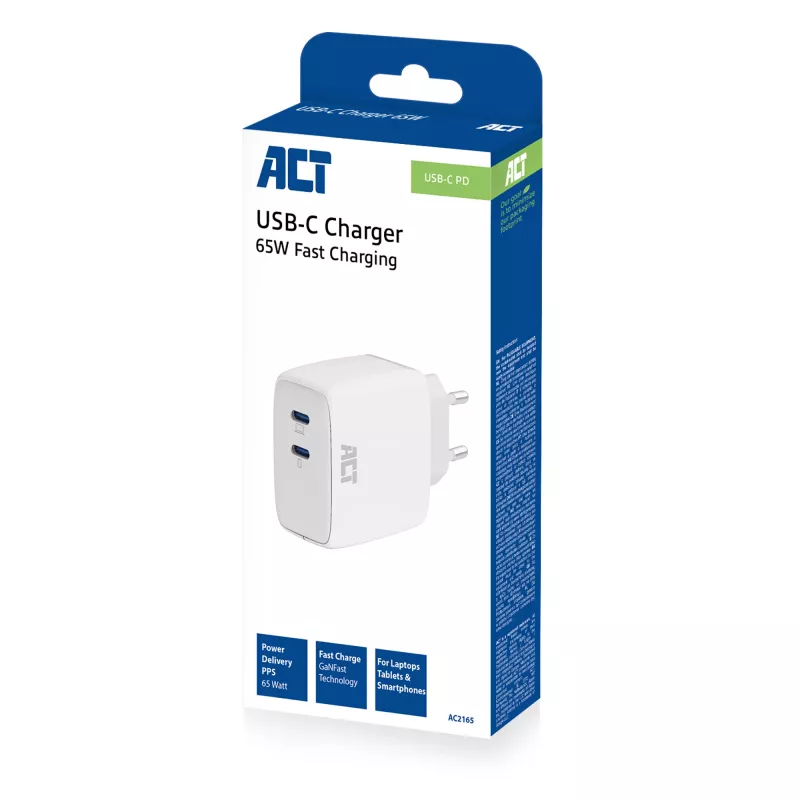Carregador USB-C ACT 65W 2 portas com Power Delivery PPS e GaNFast