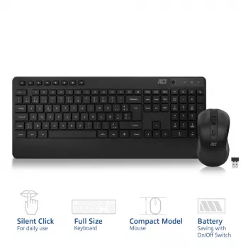 Conjunto de teclado e rato sem fios ACT (Azerty), clique silencioso, ecológico, de materiais reciclados