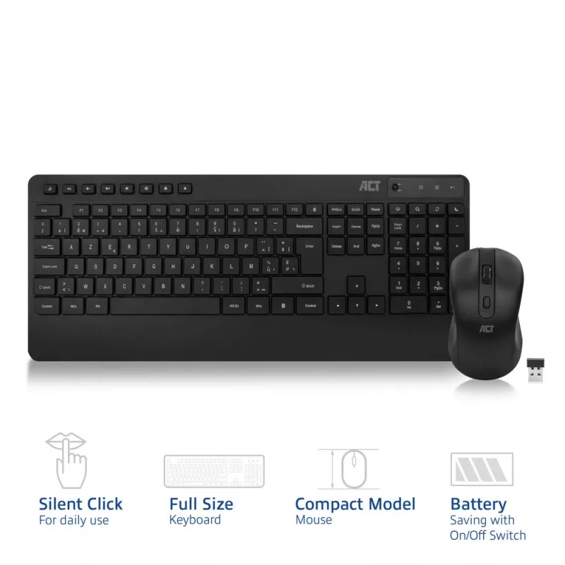 Conjunto de teclado e rato sem fios ACT (Azerty), clique silencioso, ecológico, de materiais reciclados