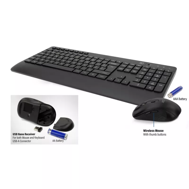 Conjunto de teclado e rato sem fios ACT (Azerty), clique silencioso, ecológico, de materiais reciclados
