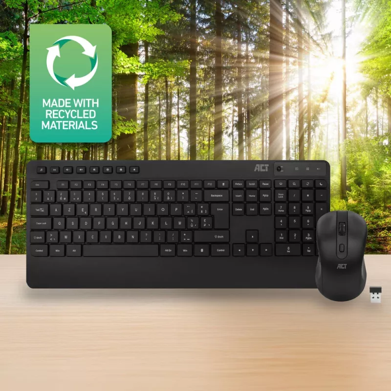 Conjunto de teclado e rato sem fios ACT (Azerty), clique silencioso, ecológico, de materiais reciclados