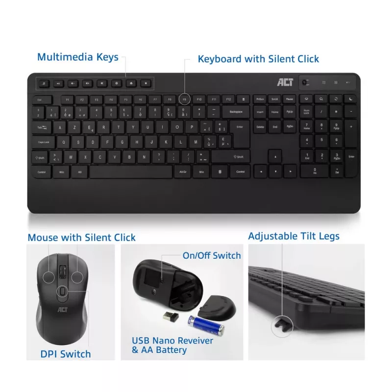 Conjunto de teclado e rato sem fios ACT (Azerty), clique silencioso, ecológico, de materiais reciclados