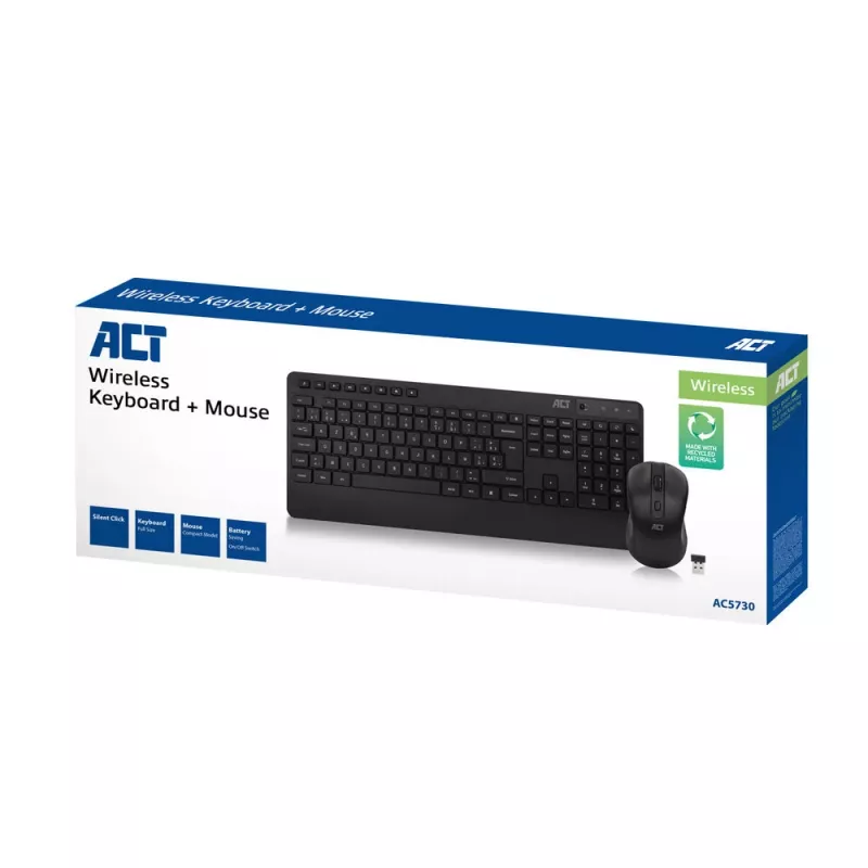 Conjunto de teclado e rato sem fios ACT (Azerty), clique silencioso, ecológico, de materiais reciclados