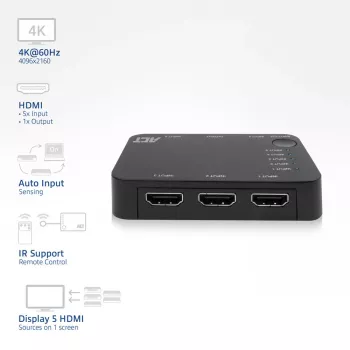 Comutador HDMI 4K ACT 5 entradas, 1 saída, HDMI, preto, 2160p, 18 Gbit/s, 4096 x 2160 píxeis, 4K Ultra HD