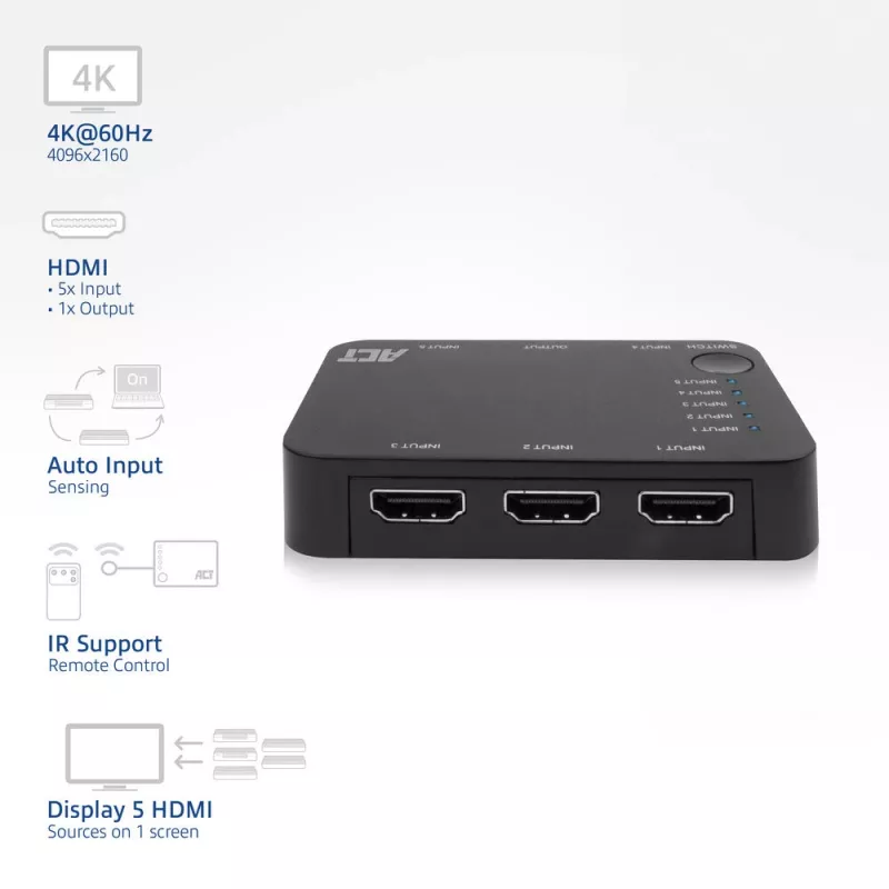 Comutador HDMI 4K ACT 5 entradas, 1 saída, HDMI, preto, 2160p, 18 Gbit/s, 4096 x 2160 píxeis, 4K Ultra HD