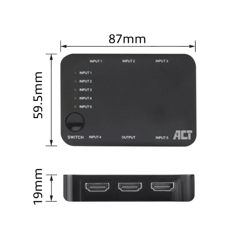 Comutador HDMI 4K ACT 5 entradas, 1 saída, HDMI, preto, 2160p, 18 Gbit/s, 4096 x 2160 píxeis, 4K Ultra HD