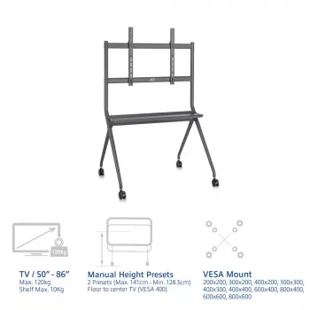 Suporte de chão móvel ACT para TV/monitor, 50 polegadas a 86 polegadas, VESA, 127 cm (50 polegadas), 2,18 m (86 polegadas), 200 x 200 mm, 800 x 600 mm, alumínio, plástico, aço, cinzento