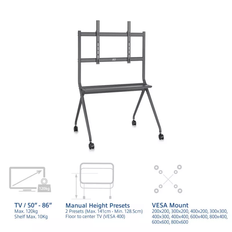 Suporte de chão móvel ACT para TV/monitor, 50 polegadas a 86 polegadas, VESA, 127 cm (50 polegadas), 2,18 m (86 polegadas), 200 x 200 mm, 800 x 600 mm, alumínio, plástico, aço, cinzento