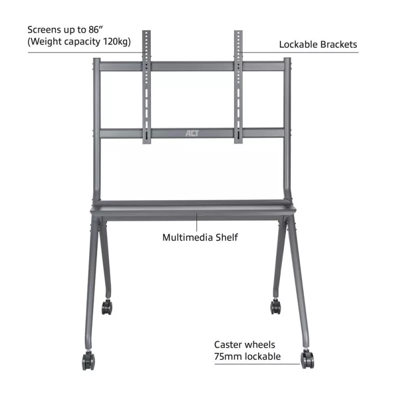 Suporte de chão móvel ACT para TV/monitor, 50 polegadas a 86 polegadas, VESA, 127 cm (50 polegadas), 2,18 m (86 polegadas), 200 x 200 mm, 800 x 600 mm, alumínio, plástico, aço, cinzento