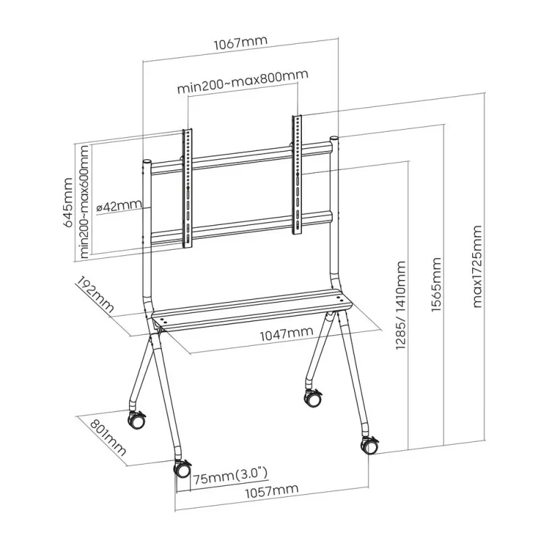 Suporte de chão móvel ACT para TV/monitor, 50 polegadas a 86 polegadas, VESA, 127 cm (50 polegadas), 2,18 m (86 polegadas), 200 x 200 mm, 800 x 600 mm, alumínio, plástico, aço, cinzento
