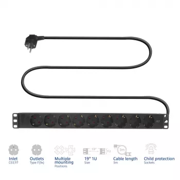 PDU de extensão ACT 19 polegadas CEE7/7 com 9 tomadas Type-F, 3 m H05VV-F 3G1.5
