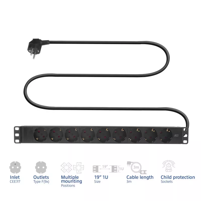 PDU de extensão ACT 19 polegadas CEE7/7 com 9 tomadas Type-F, 3 m H05VV-F 3G1.5