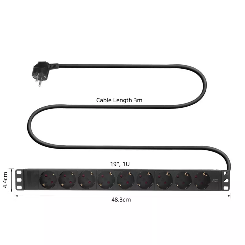 PDU de extensão ACT 19 polegadas CEE7/7 com 9 tomadas Type-F, 3 m H05VV-F 3G1.5