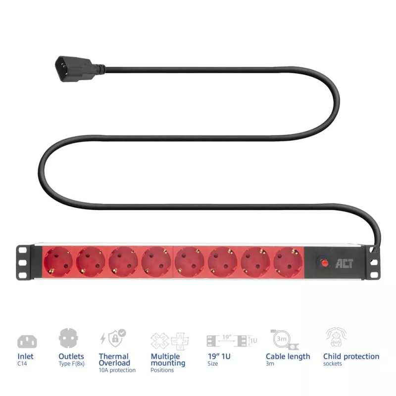 Unidade de distribuição de energia ACT PD3004 19 polegadas C14 IEC60320 com 8 tomadas Type-F, 3 m H05VV-F 3G1.0, 230 V 10 A