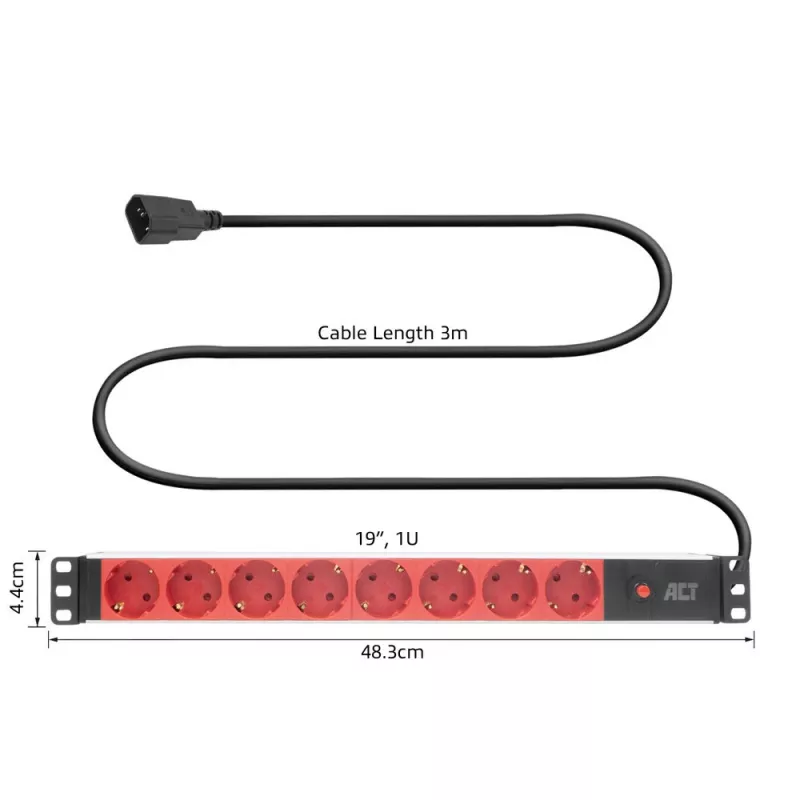 Unidade de distribuição de energia ACT PD3004 19 polegadas C14 IEC60320 com 8 tomadas Type-F, 3 m H05VV-F 3G1.0, 230 V 10 A