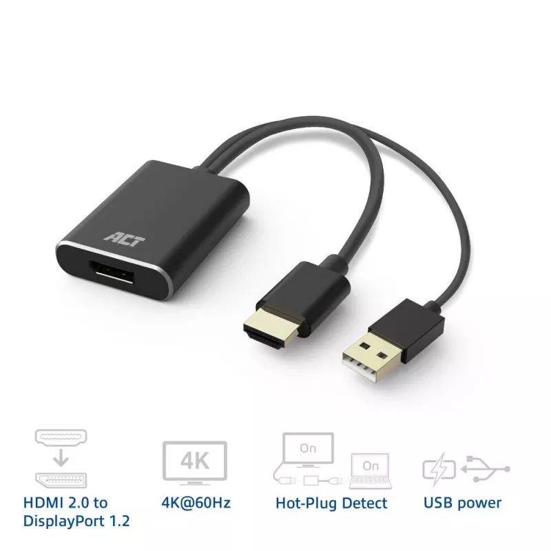 Adaptador de cabo de vídeo ACT AC7536 0,24 m HDMI + USB DisplayPort preto
