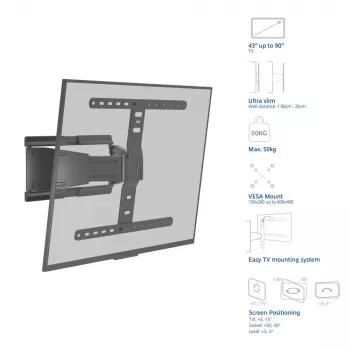 Suporte de parede para TV totalmente articulado ACT AC8357 para ecrãs de 43 a 90 polegadas, VESA 100x200 – 600x400, inclinação -15° – 3°, rotação ±30°, carga máxima 50 kg, ultraplano