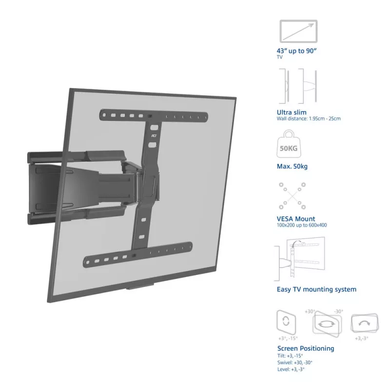 Suporte de parede para TV totalmente articulado ACT AC8357 para ecrãs de 43 a 90 polegadas, VESA 100x200 – 600x400, inclinação -15° – 3°, rotação ±30°, carga máxima 50 kg, ultraplano
