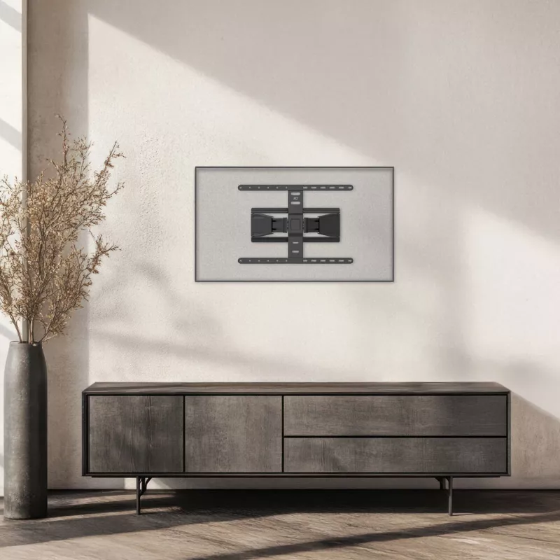 Suporte de parede para TV totalmente articulado ACT AC8357 para ecrãs de 43 a 90 polegadas, VESA 100x200 – 600x400, inclinação -15° – 3°, rotação ±30°, carga máxima 50 kg, ultraplano