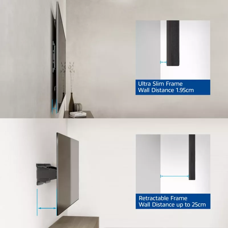 Suporte de parede para TV totalmente articulado ACT AC8357 para ecrãs de 43 a 90 polegadas, VESA 100x200 – 600x400, inclinação -15° – 3°, rotação ±30°, carga máxima 50 kg, ultraplano