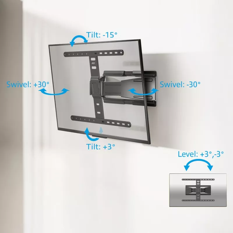 Suporte de parede para TV totalmente articulado ACT AC8357 para ecrãs de 43 a 90 polegadas, VESA 100x200 – 600x400, inclinação -15° – 3°, rotação ±30°, carga máxima 50 kg, ultraplano