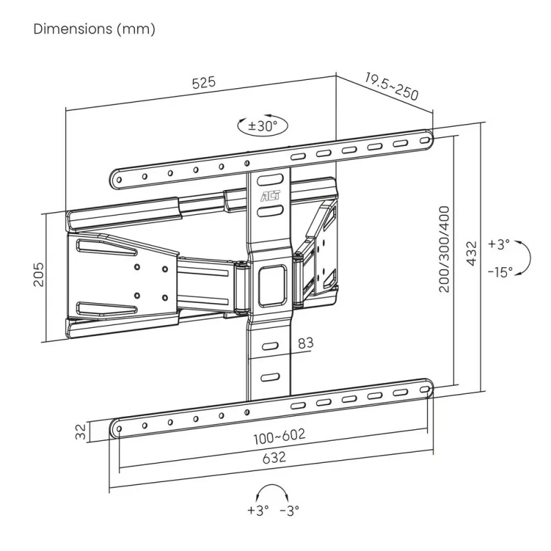Suporte de parede para TV totalmente articulado ACT AC8357 para ecrãs de 43 a 90 polegadas, VESA 100x200 – 600x400, inclinação -15° – 3°, rotação ±30°, carga máxima 50 kg, ultraplano